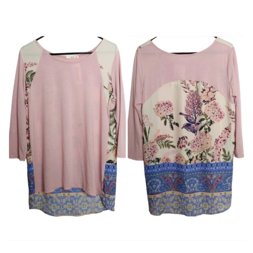 Womens Floral Paisley Tunic Top L 3/4 Sleeve Pink Mixed Media Le Lis Spring‎ NWT